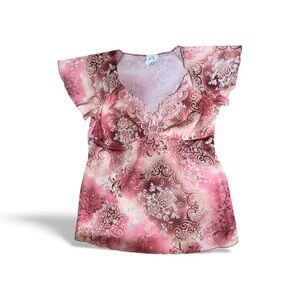 Bundle Of Joy Women’s Size Medium Pink/White Floral V-Neck Blouse Lace Trim